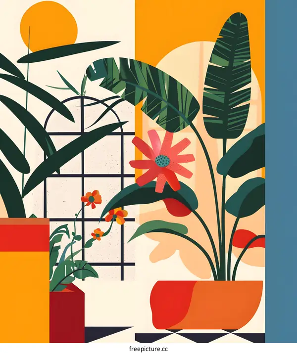 Abstract Illustration of Tropical Plants with Geometric Shapes