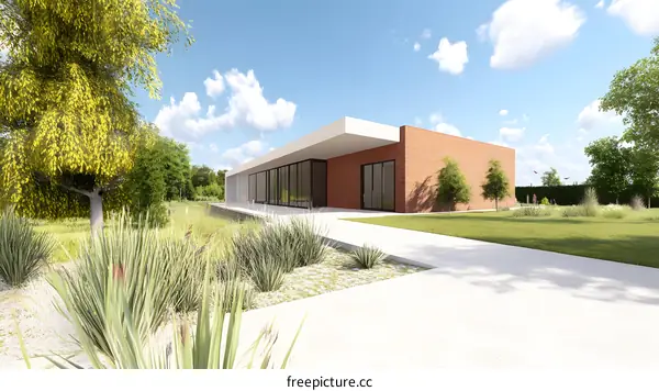 Modern Brick House with Green Grass Lawn and Pathway