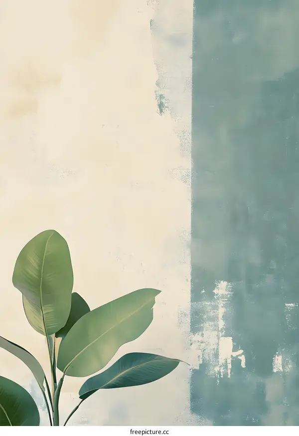 Green Leaves on White and Blue Wall Background