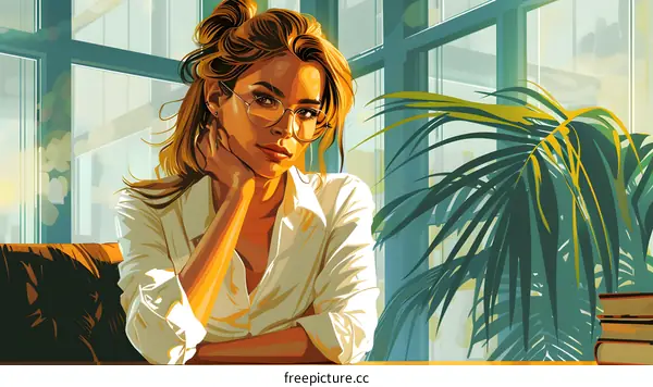 Woman Sitting by Window With Palm Tree