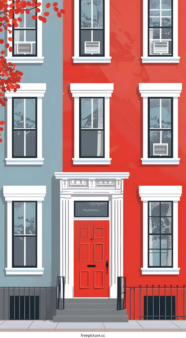 Red Door and Windows on a Building with Blue Walls