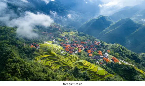 A Stunning Aerial View of Terraced Rice Paddies and Village