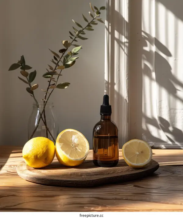 Close-up of a dropper bottle of essential oil and fresh lemons on a wooden table