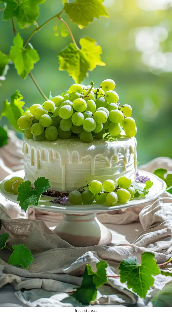 A cake decorated with white icing and green grapes.
