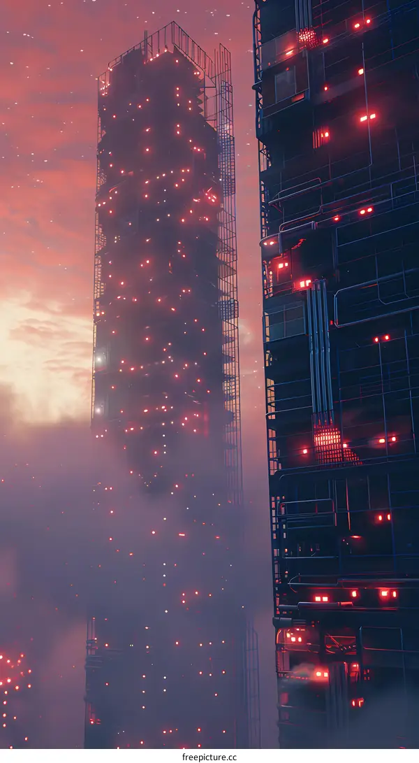 Futuristic Cityscape with Skyscrapers and Fog