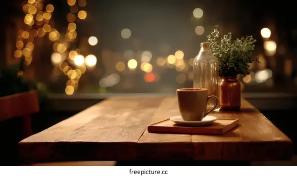 Wooden Table with Coffee Cup in Night Cafe