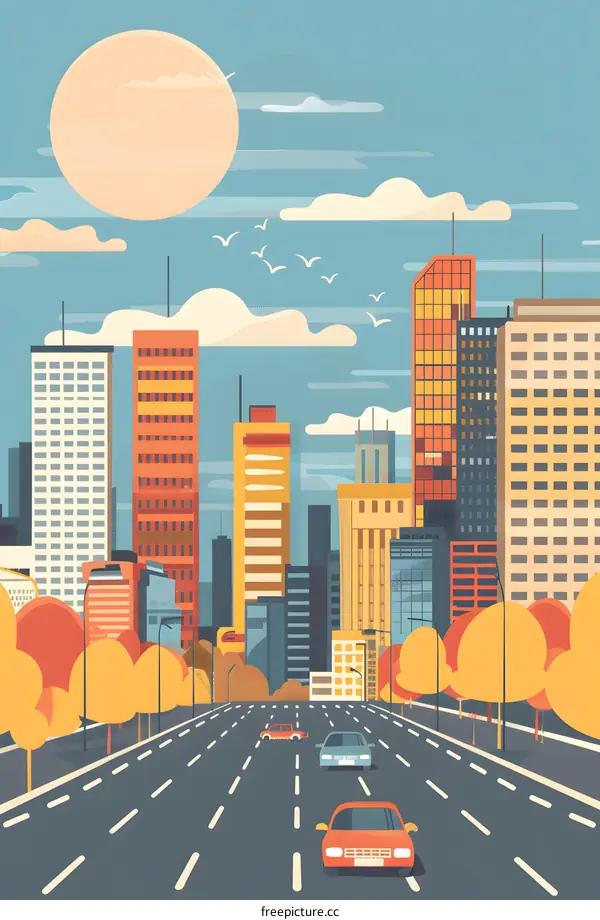 Urban Cityscape with Cars and Trees