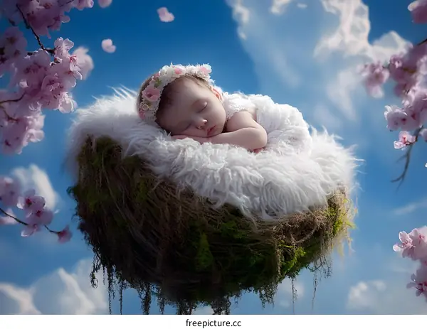 Sleeping Baby Girl In Nest With Flower Crown