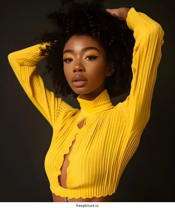 Black Woman in Yellow Knit Top Posing With Hands on Head Against a Black Background
