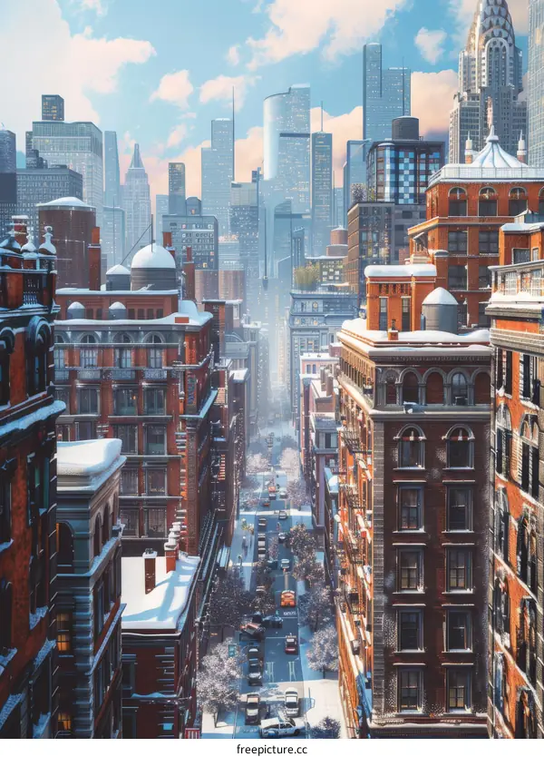 Snowy Cityscape: Buildings and Streets Covered in Winter