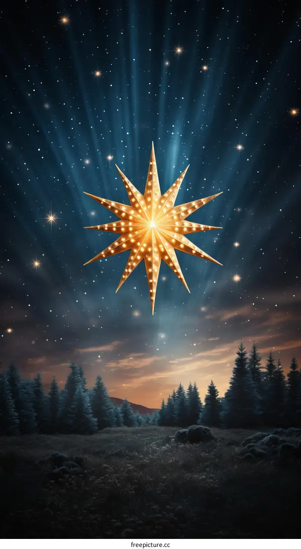 A radiant golden star shines brightly in the night sky