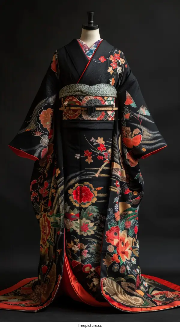 Traditional Japanese Kimono with Floral Embroidery and Gold Accents