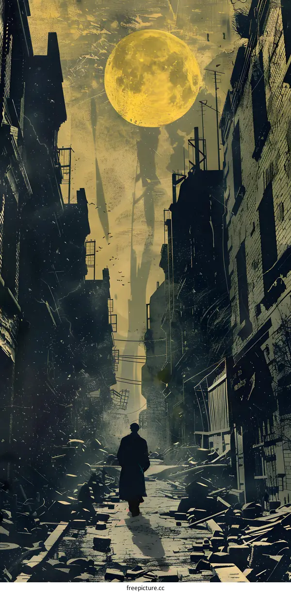 Man Walking Through Destroyed City With Full Moon