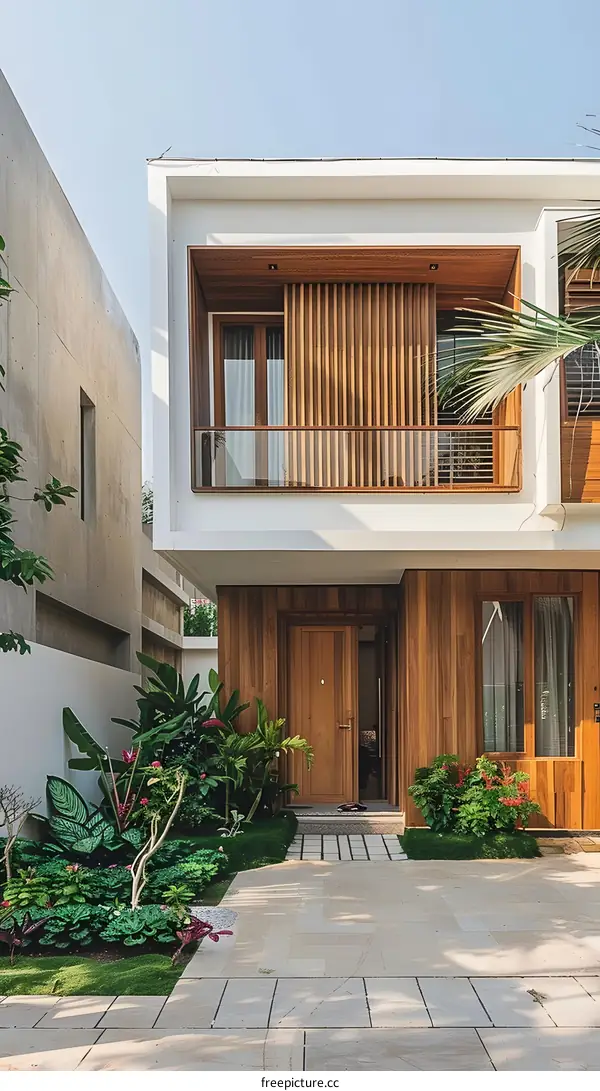 Modern Minimalist House with Wooden Exterior and Lush Greenery