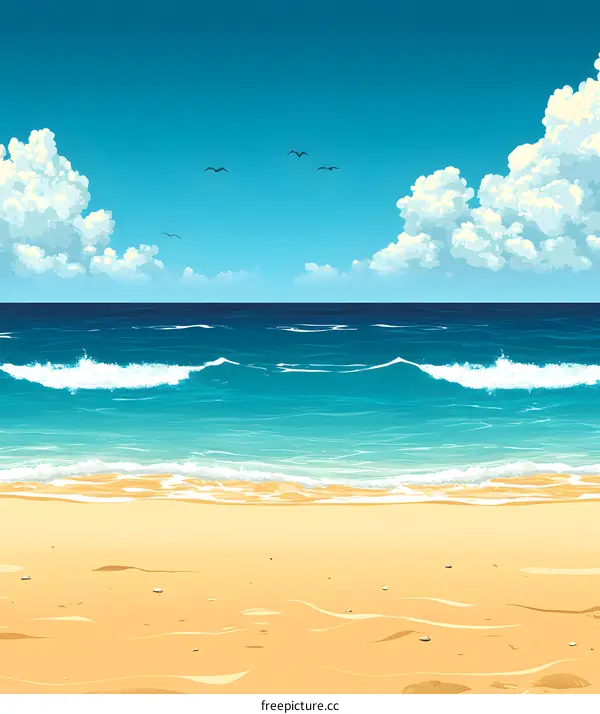 Summer Beach Scene with Blue Ocean and White Clouds