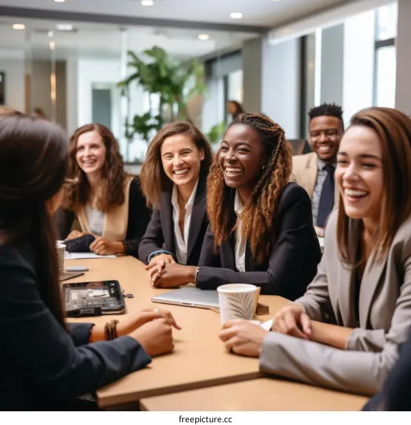 A group of people are sitting around a table laughing and talking