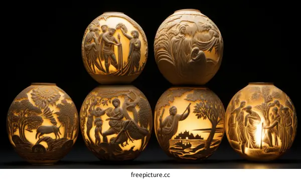 An image of six intricately carved ivory spheres depicting scenes from the story of Cupid and Psyche.