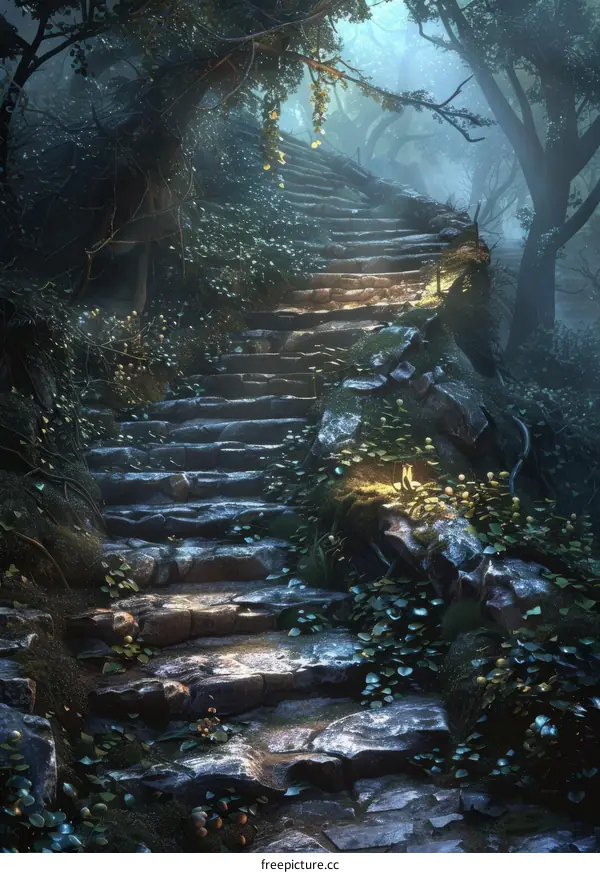 Mysteriously Atmospheric Stone Steps Winding Through a Foggy Forest
