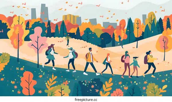 Autumn Walk in the Park With Diverse Group of People
