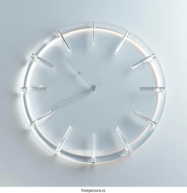Modern design wall clock made of glass with glowing elements
