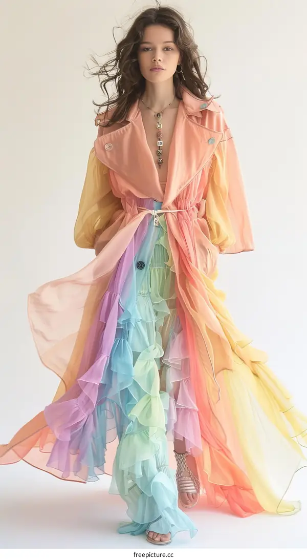 A model wearing a rainbow dress with ruffles