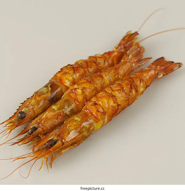 three cooked shrimps on a white background