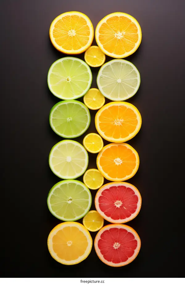 Various citrus fruits are arranged in a vertical row on a black background