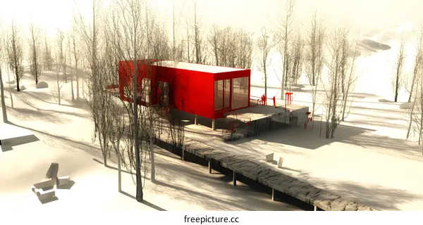 Red Modern House in Snowy Forest Landscape