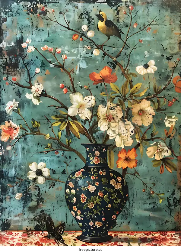 Vintage Watercolor Painting of Flowers in a Vase with a Bird on a Branch