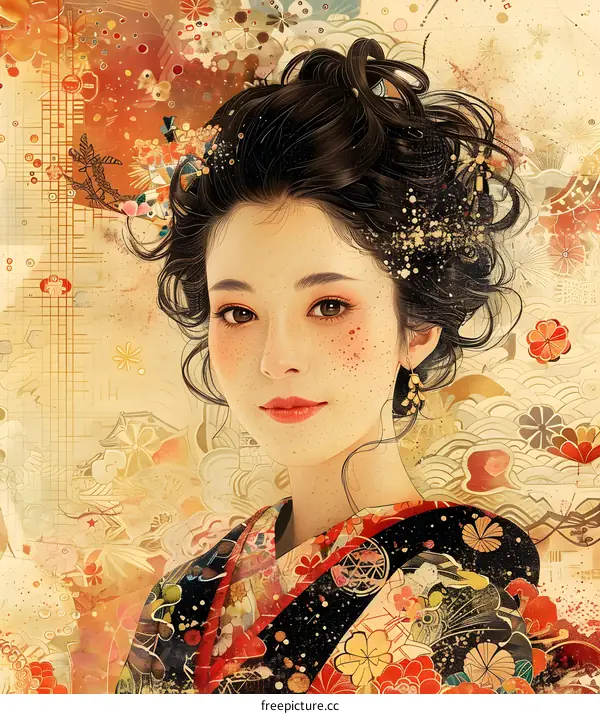 An illustration of a young woman in a kimono with a traditional Japanese hairstyle.