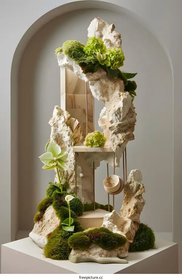 Abstract Sculpture with Green Plants and Stone