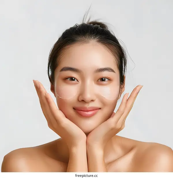 Beautiful Young Asian Woman Applying Facial Cream