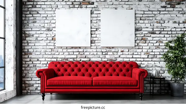 Modern Loft Living Room with Red Sofa and Blank Canvas