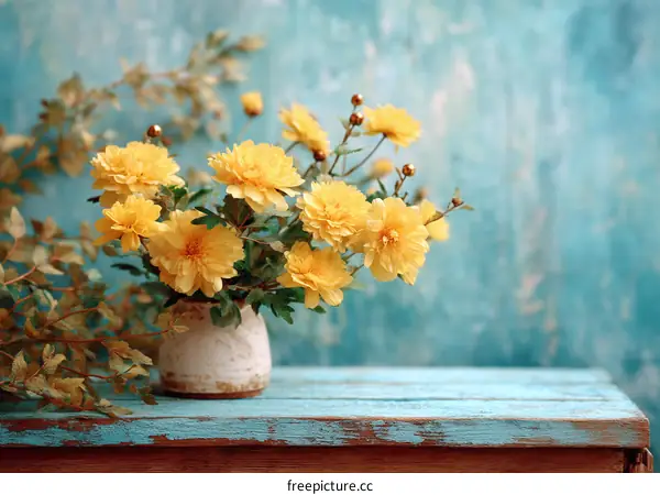 Yellow Flowers in a Vase on a Wooden Table