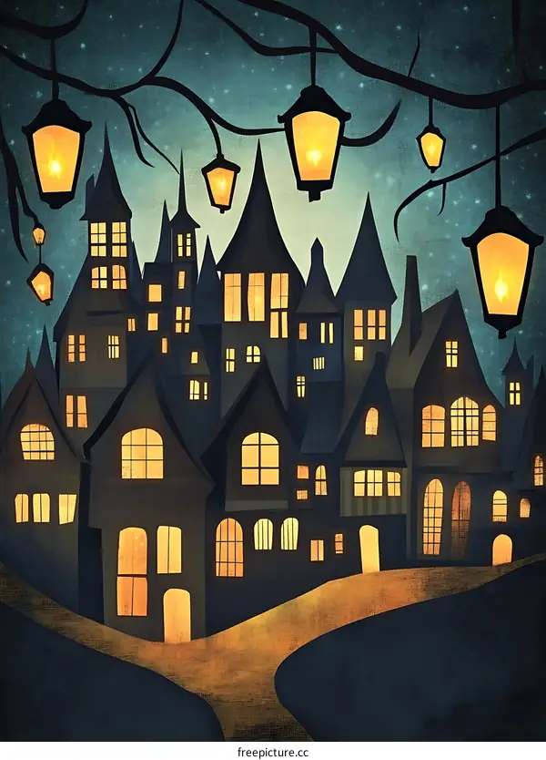 Nighttime Cityscape with Glowing Windows and Hanging Lanterns