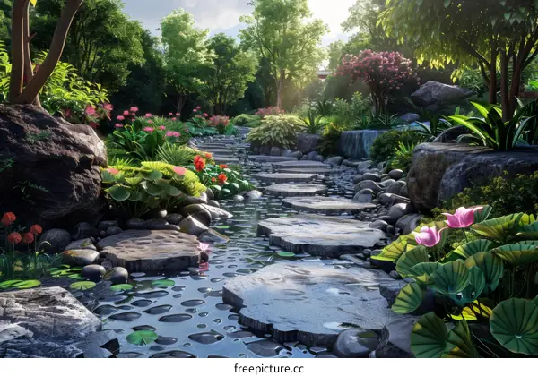 Serene Garden Path with Stone Steps and Water Feature