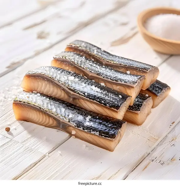 Salted herring fillets on a white wooden table
