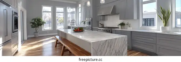 Modern Elegant Gray Kitchen with Marble Island