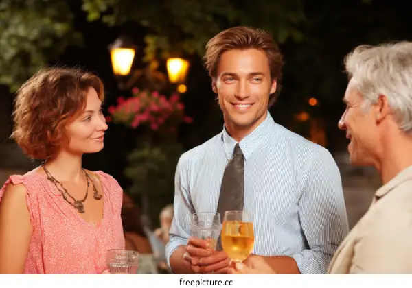 Outdoor Evening Conversation Three Adults