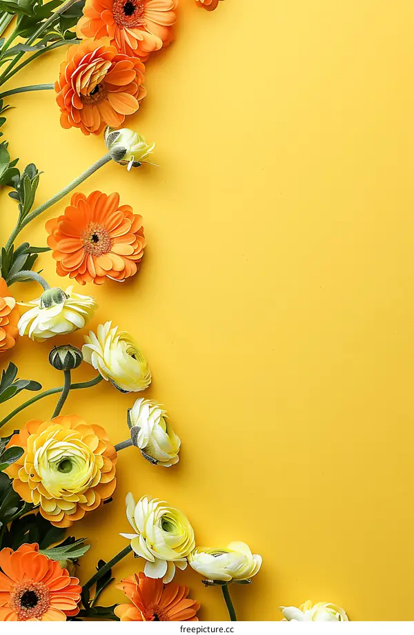Orange and White Flowers on Yellow Background