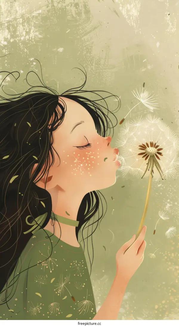 A Little Girl Blows Dandelion Seeds in the Wind