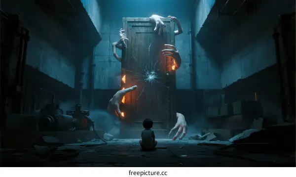 A Child Confronting Strange Creatures in a Dark Abandoned Room