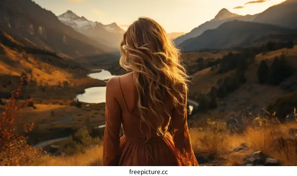 Blonde woman standing on a hill admiring the mountain and river view