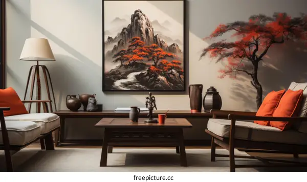 Traditional Chinese Living Room with Mountain Landscape Painting