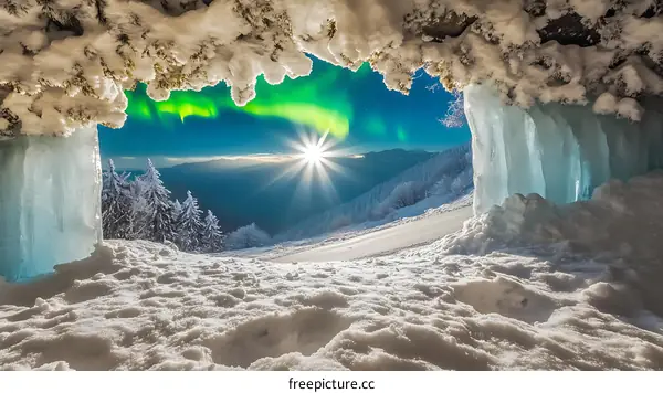 Aurora Borealis View from Ice Cave