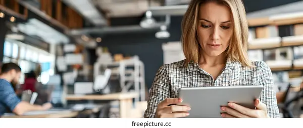 Woman Using Tablet In Modern Office Setting