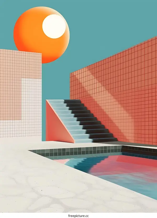 Abstract Minimalist Poolside Illustration with Geometric Shapes and Stairs