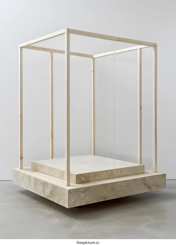 Wooden Frame Structure with Stone Base and Glass Panel