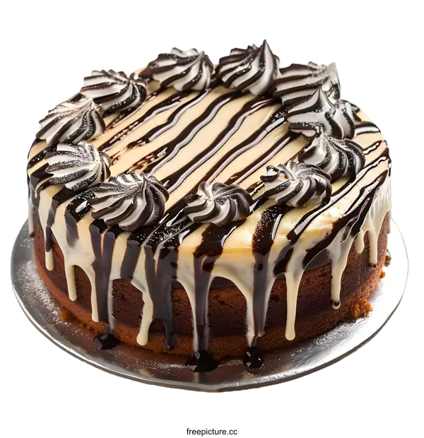 [Transparent Background PNG]A chocolate cake with white icing and chocolate drizzled on top