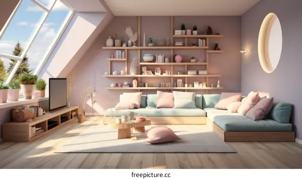 Modern Minimalist Living Room with Cozy Sofa and Bookshelves